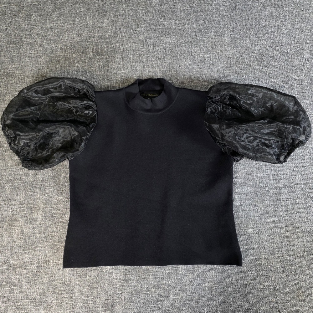 House of Harlow 1960 Black Organza Puff Sleeve Mock Neck Knit Top Large